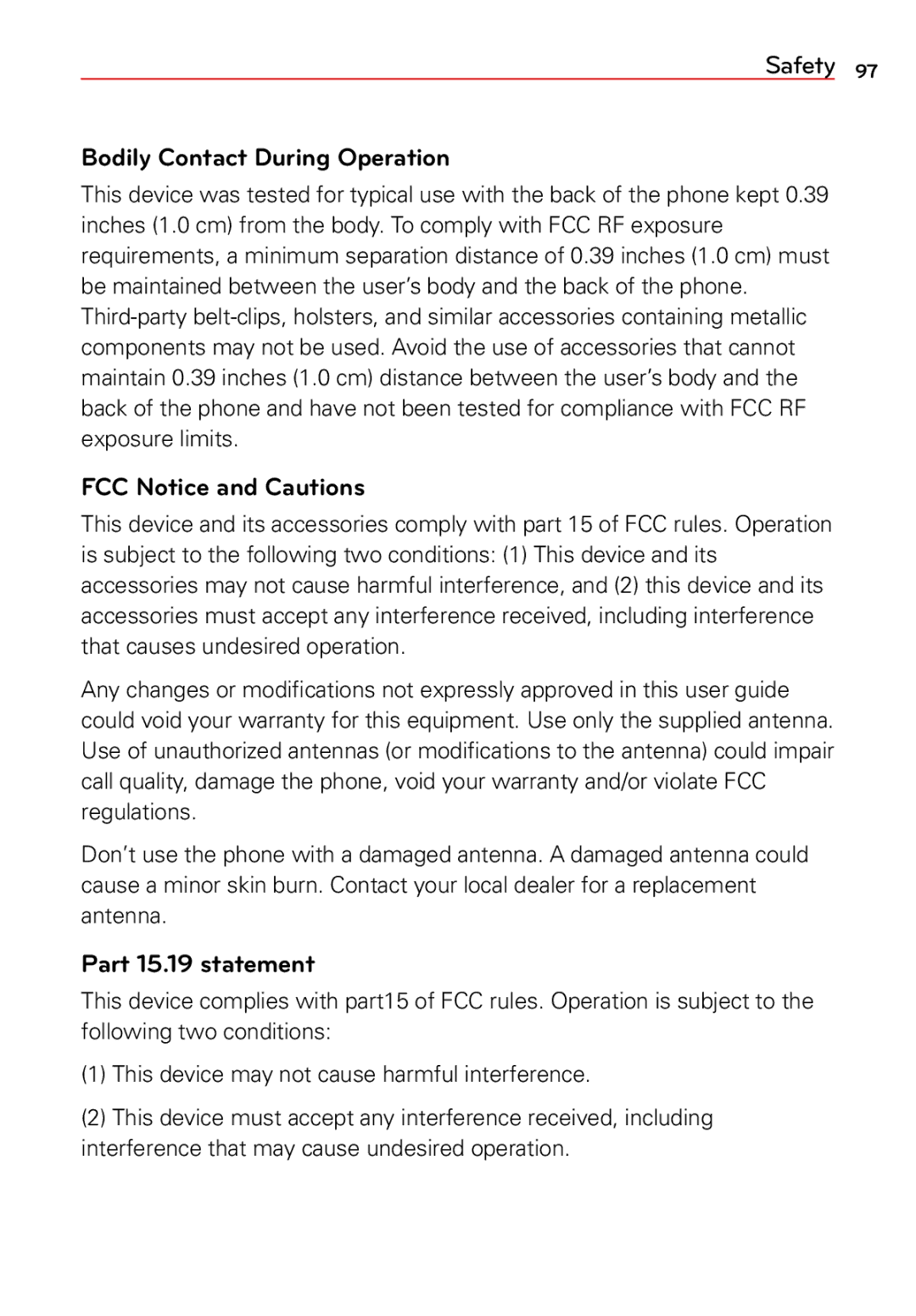 LG Electronics 2 manual Bodily Contact During Operation, FCC Notice and Cautions, Part 15.19 statement 