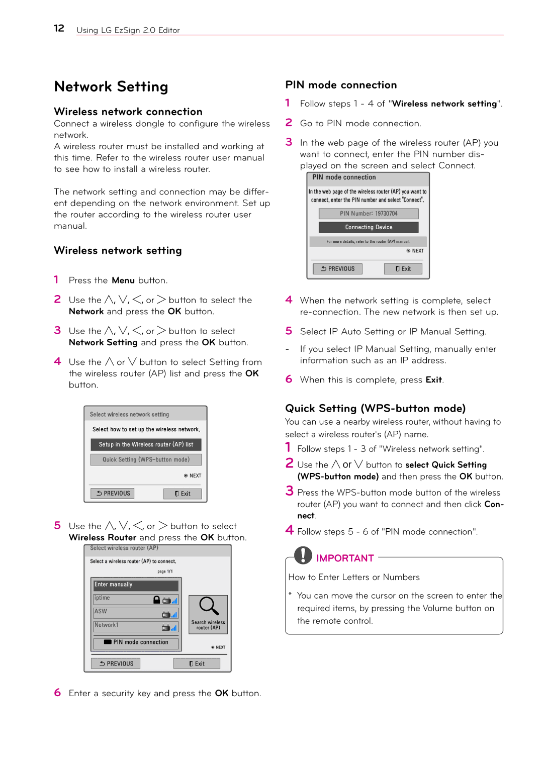 LG Electronics 2 manual Network Setting, Wireless network connection, Wireless network setting, PIN mode connection 