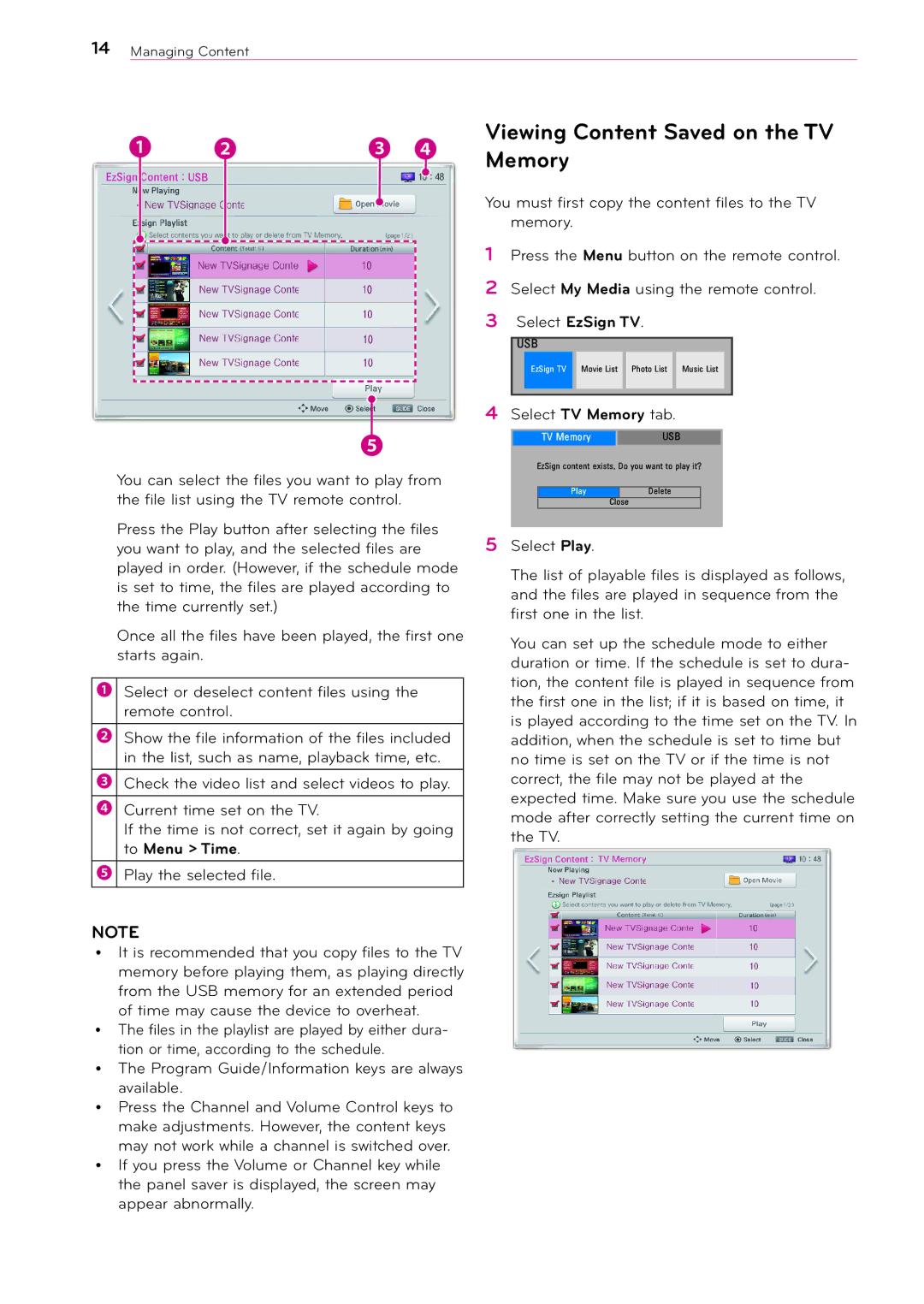 LG Electronics 2 manual Viewing Content Saved on the TV Memory, Select EzSign TV 