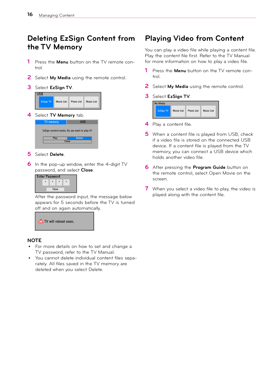 LG Electronics 2 manual Deleting EzSign Content from the TV Memory, Playing Video from Content 