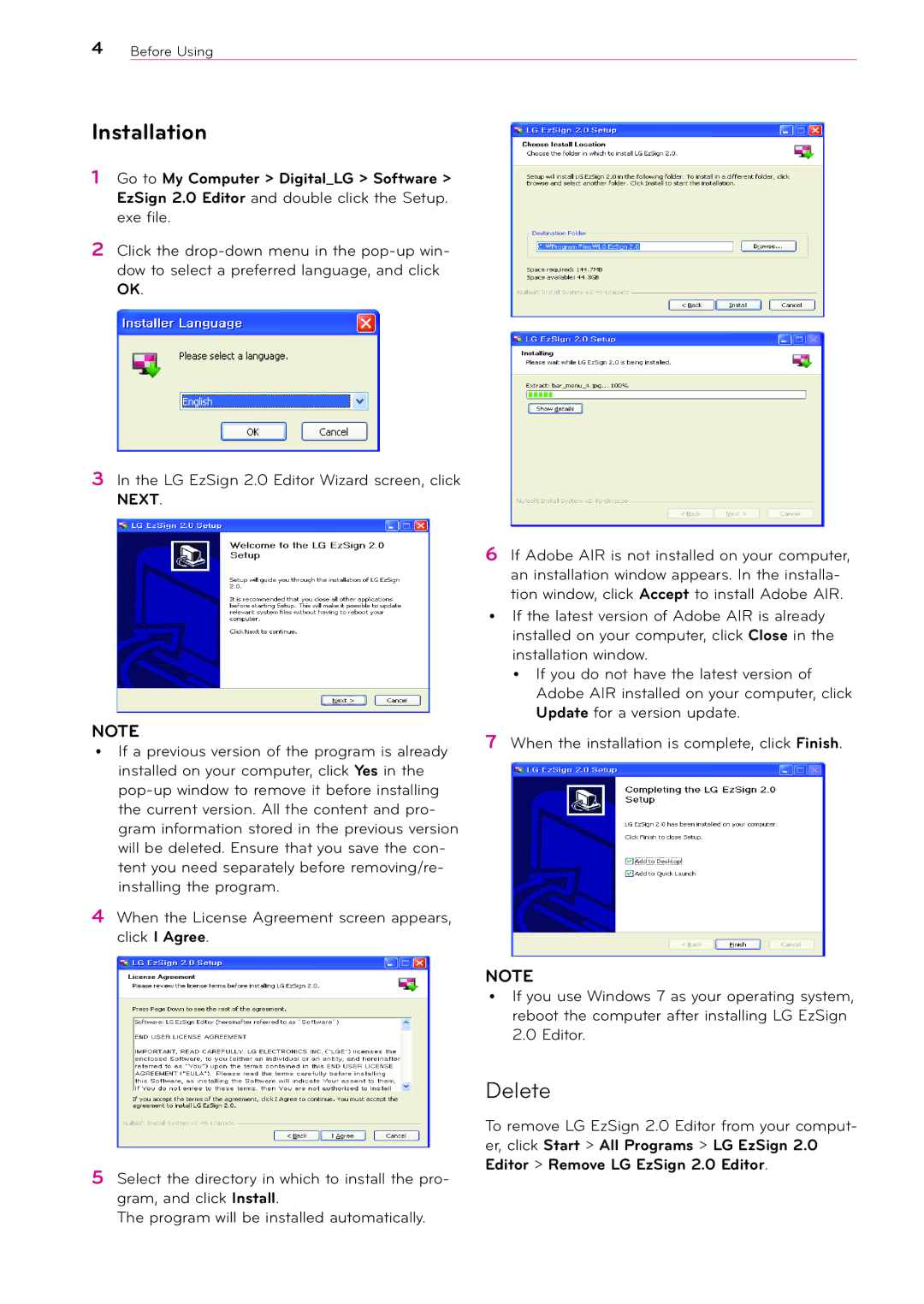 LG Electronics 2 manual Installation, Delete 