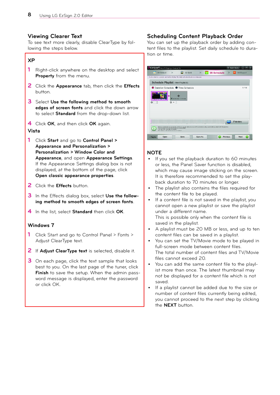 LG Electronics 2 manual Viewing Clearer Text, Scheduling Content Playback Order, Click Start and go to Control Panel 