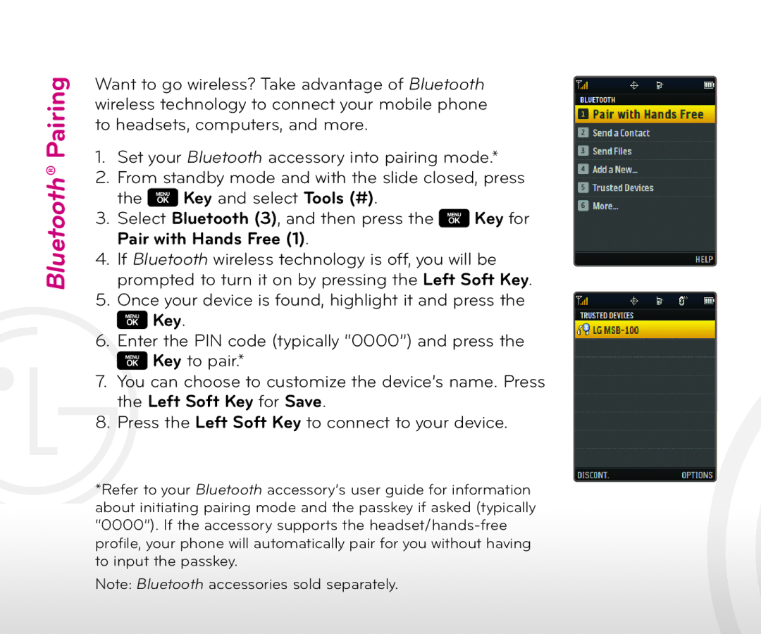 LG Electronics 2 quick start Bluetooth Pairing, Key 