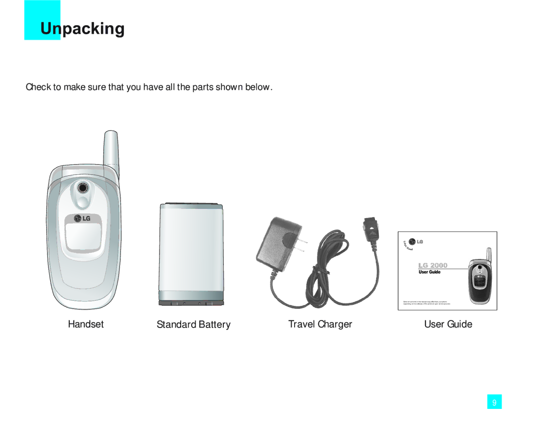 LG Electronics 2000 manual Unpacking, Check to make sure that you have all the parts shown below 