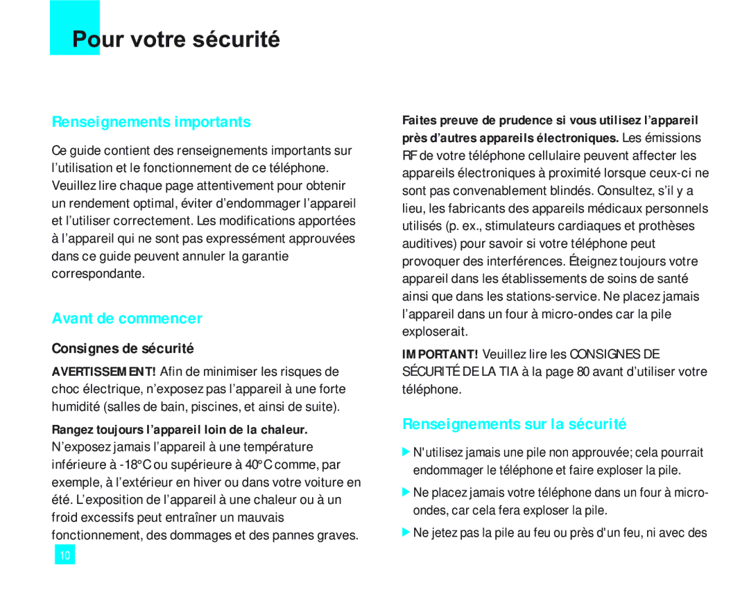 LG Electronics 2000 manual Pour votre sécurité, Consignes de sécurité, Rangez toujours l’appareil loin de la chaleur 