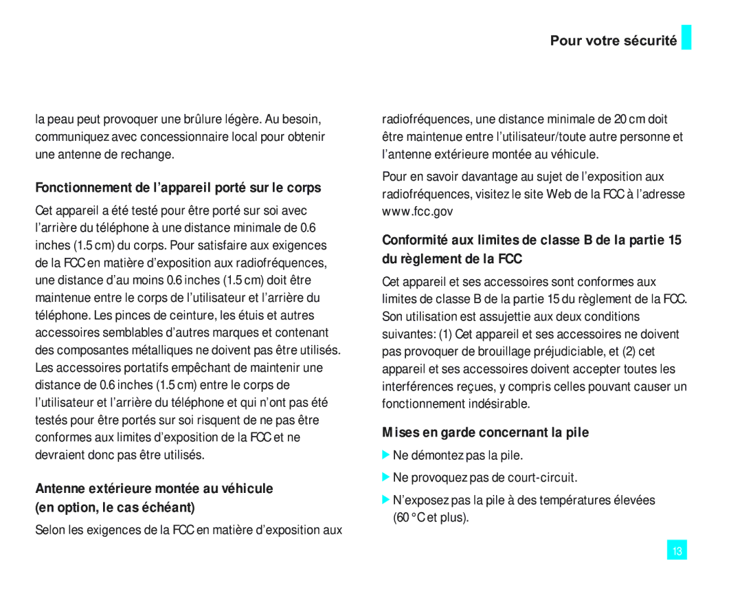 LG Electronics 2000 manual Mises en garde concernant la pile, Fonctionnement de l’appareil porté sur le corps 