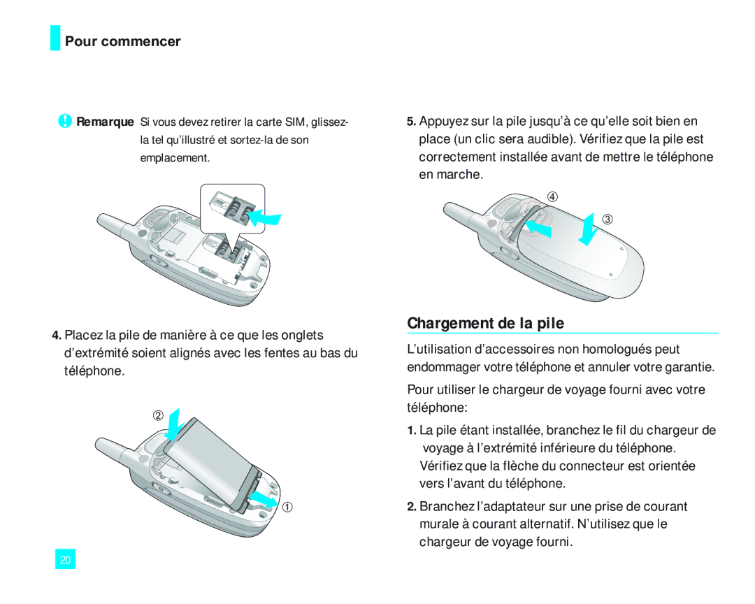 LG Electronics 2000 manual Chargement de la pile, Pour commencer, En marche 