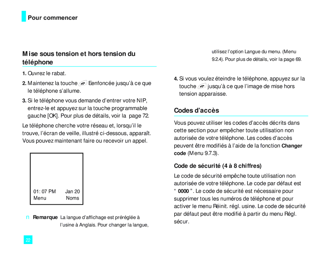 LG Electronics 2000 manual Mise sous tension et hors tension du téléphone, Codes d’accès, Code de sécurité 4 à 8 chiffres 