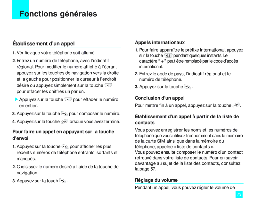 LG Electronics 2000 manual Fonctions générales, Établissement d’un appel 