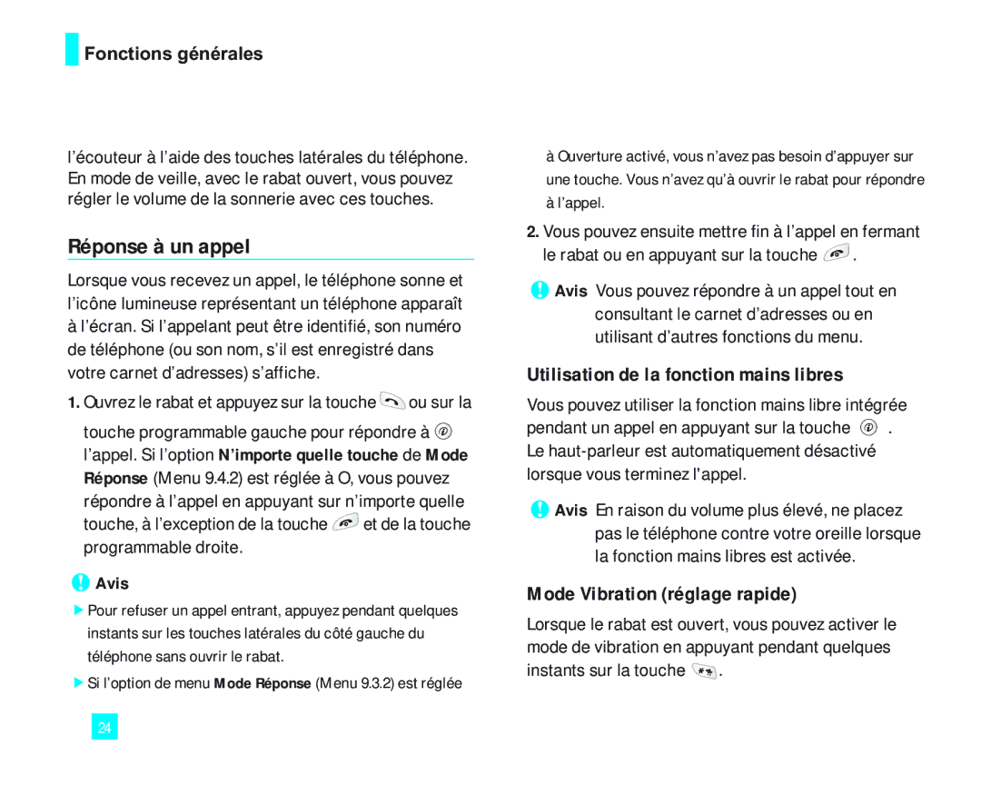 LG Electronics 2000 manual Réponse à un appel, Utilisation de la fonction mains libres, Mode Vibration réglage rapide, Avis 