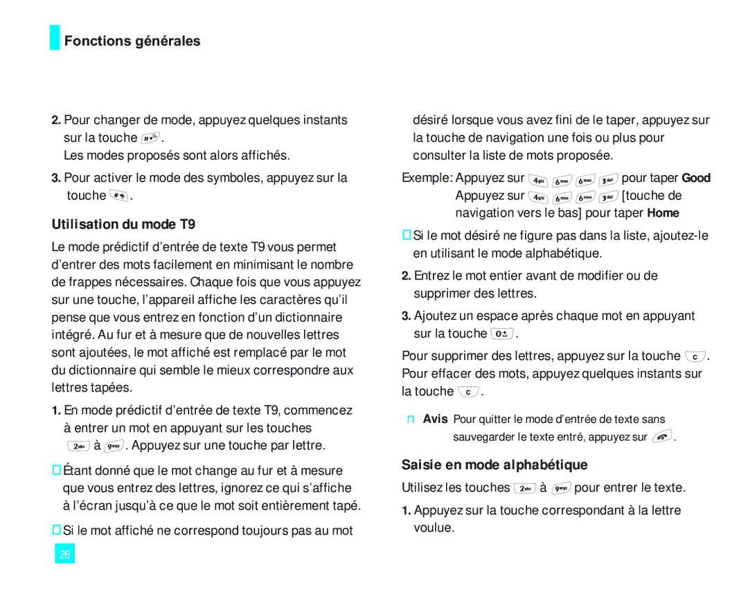 LG Electronics 2000 manual Utilisation du mode T9, Saisie en mode alphabétique 