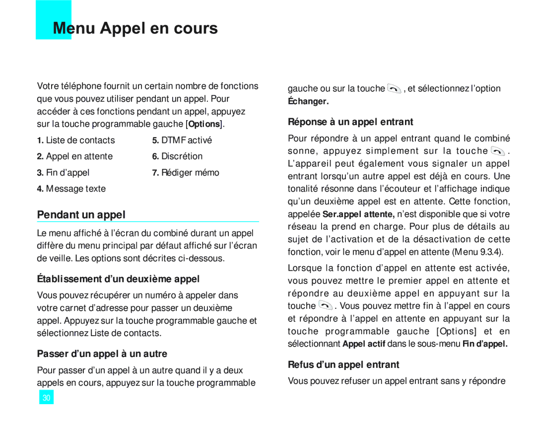 LG Electronics 2000 manual Menu Appel en cours, Pendant un appel 