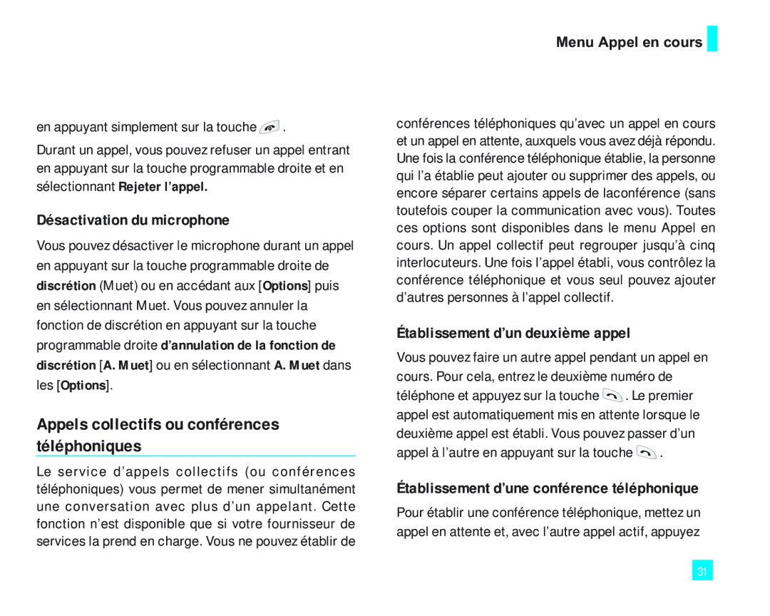 LG Electronics 2000 manual Appels collectifs ou conférences téléphoniques, Désactivation du microphone, Les Options 