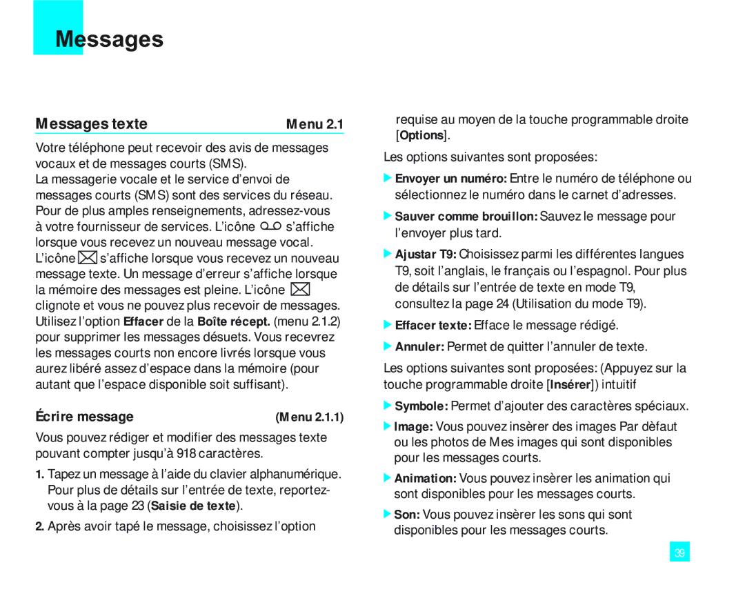 LG Electronics 2000 manual Messages texte, Écrire message 