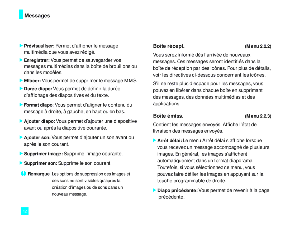 LG Electronics 2000 manual Boîte émiss, Diapo précédente Vous permet de revenir à la page précédente 