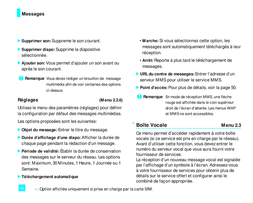 LG Electronics 2000 manual Boîte Vocale, Supprimer son Suppreme le son courant, Point d’accès Pour plus de détails, voir la 