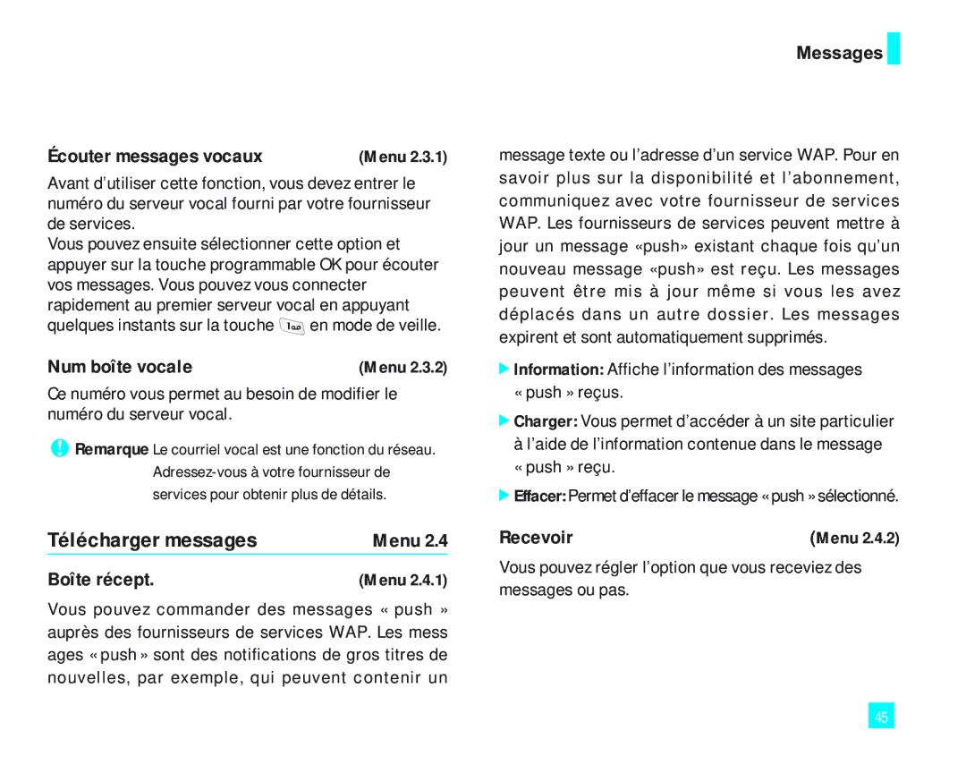 LG Electronics 2000 manual Télécharger messages, Écouter messages vocaux, Num boîte vocale, Recevoir 