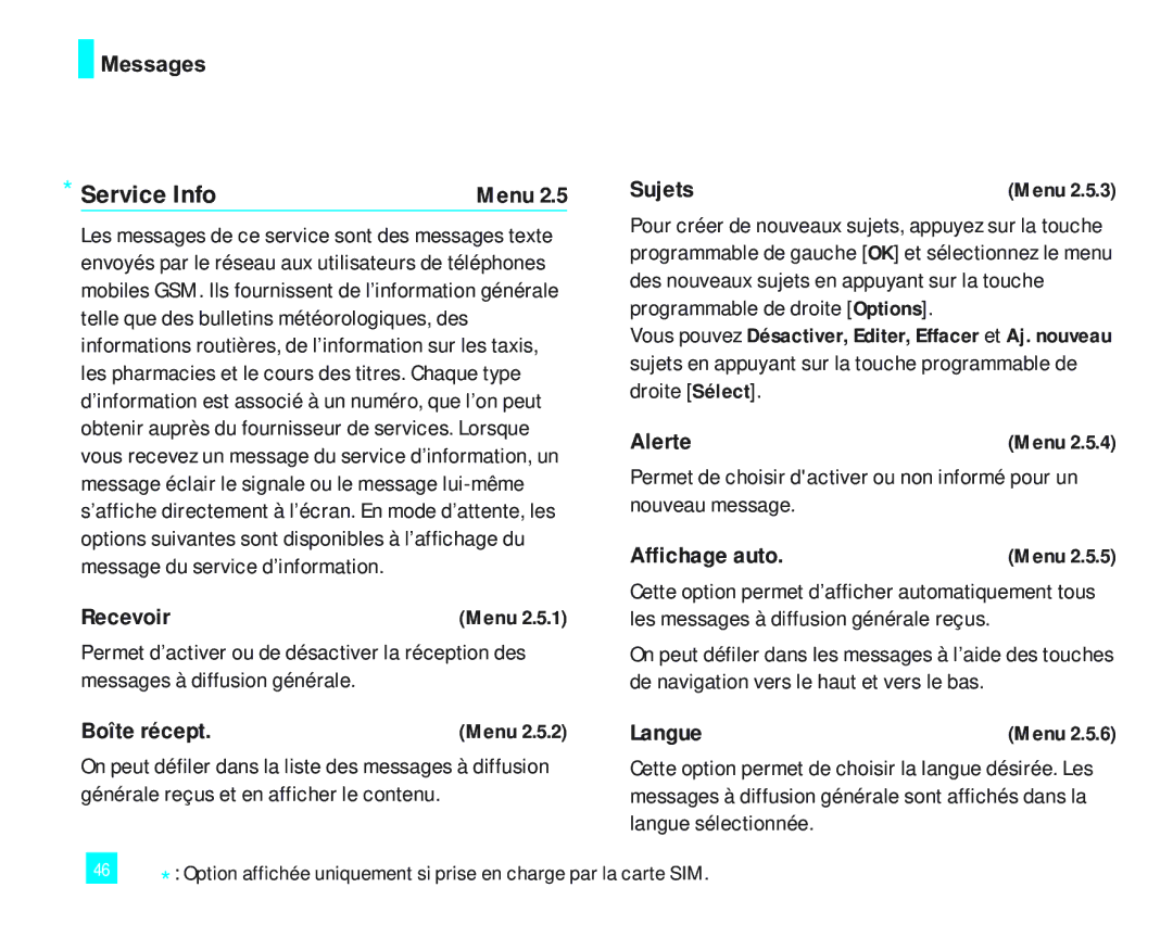 LG Electronics 2000 manual Service Info, Sujets, Alerte, Affichage auto, Langue 