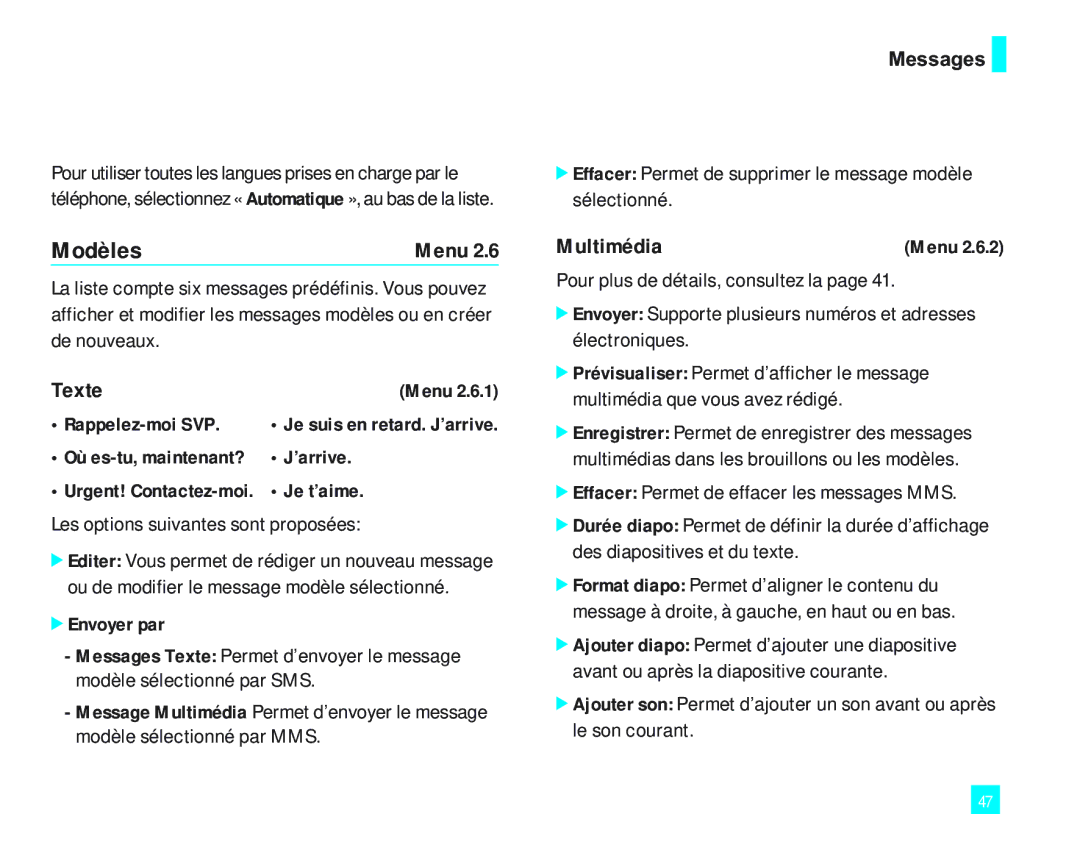 LG Electronics 2000 manual Modèles, Texte, Multimédia, Rappelez-moi SVP, Envoyer par 