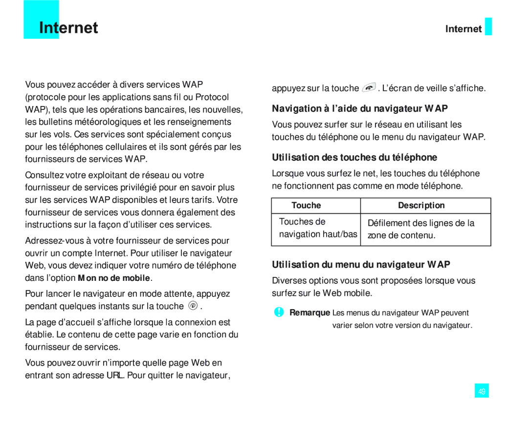 LG Electronics 2000 manual Navigation à l’aide du navigateur WAP, Utilisation des touches du téléphone, Touche Description 