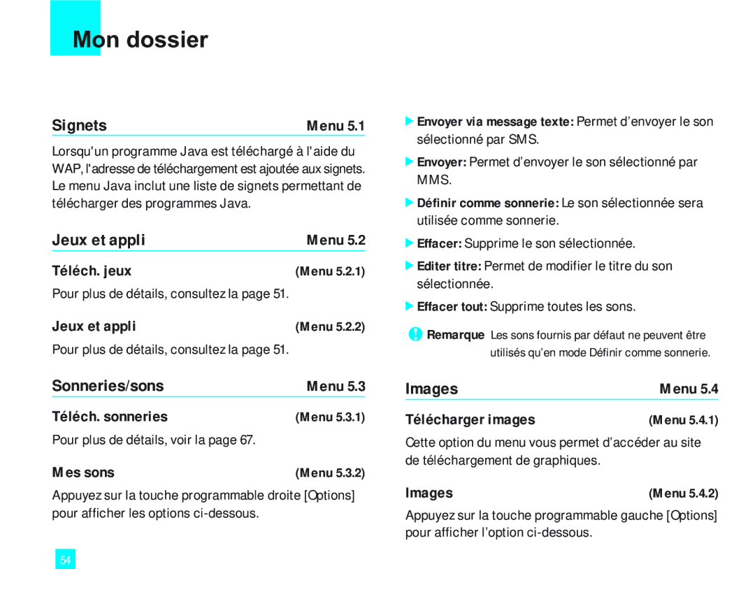 LG Electronics 2000 manual Mon dossier, Sonneries/sons 