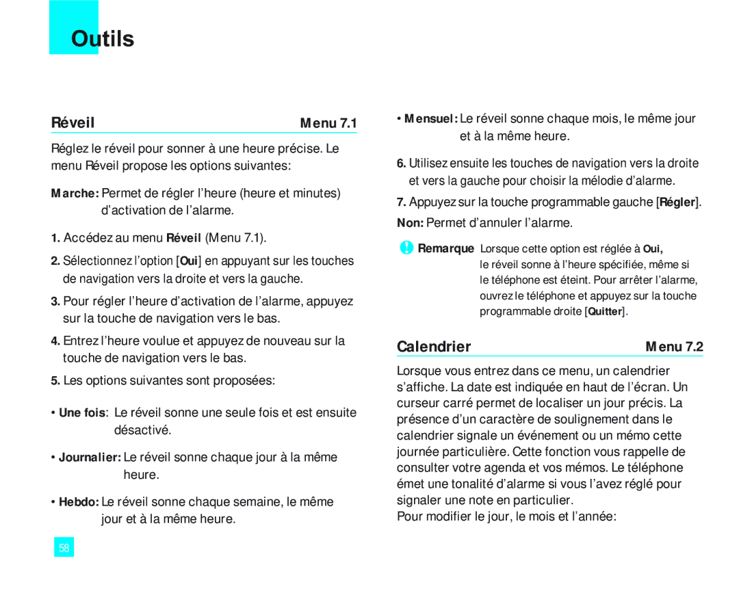 LG Electronics 2000 Outils, Réveil, Calendrier, Non Permet d’annuler l’alarme, Pour modifier le jour, le mois et l’année 