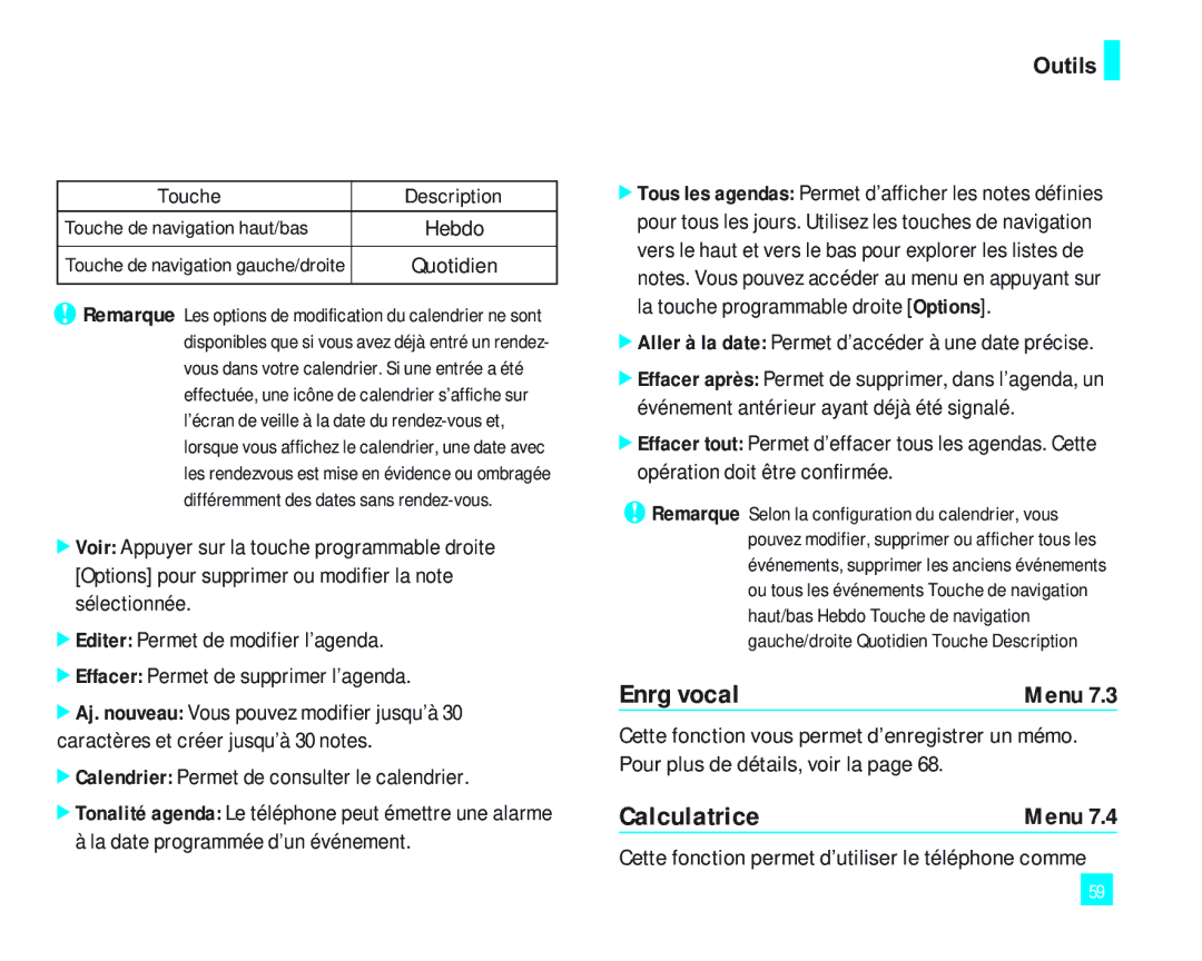 LG Electronics 2000 manual Enrg vocal, Calculatrice, Outils 