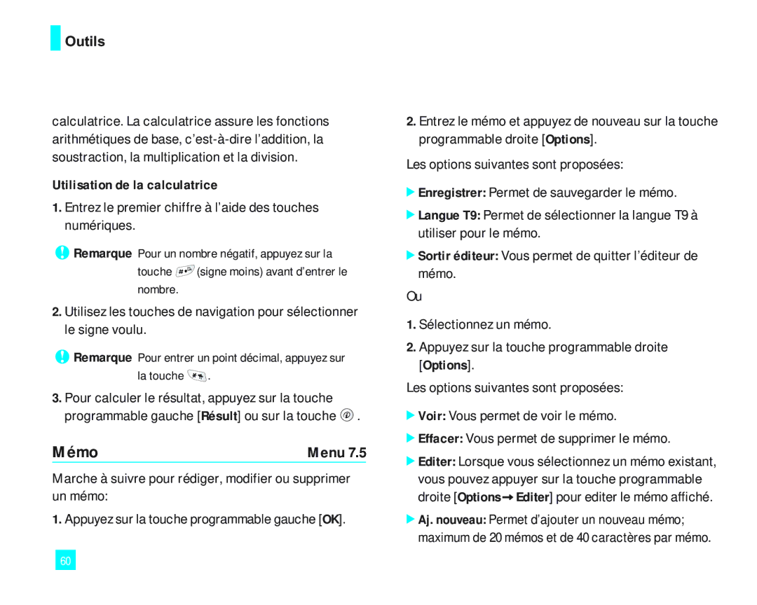 LG Electronics 2000 manual Mémo, Utilisation de la calculatrice, Entrez le premier chiffre à l’aide des touches numériques 