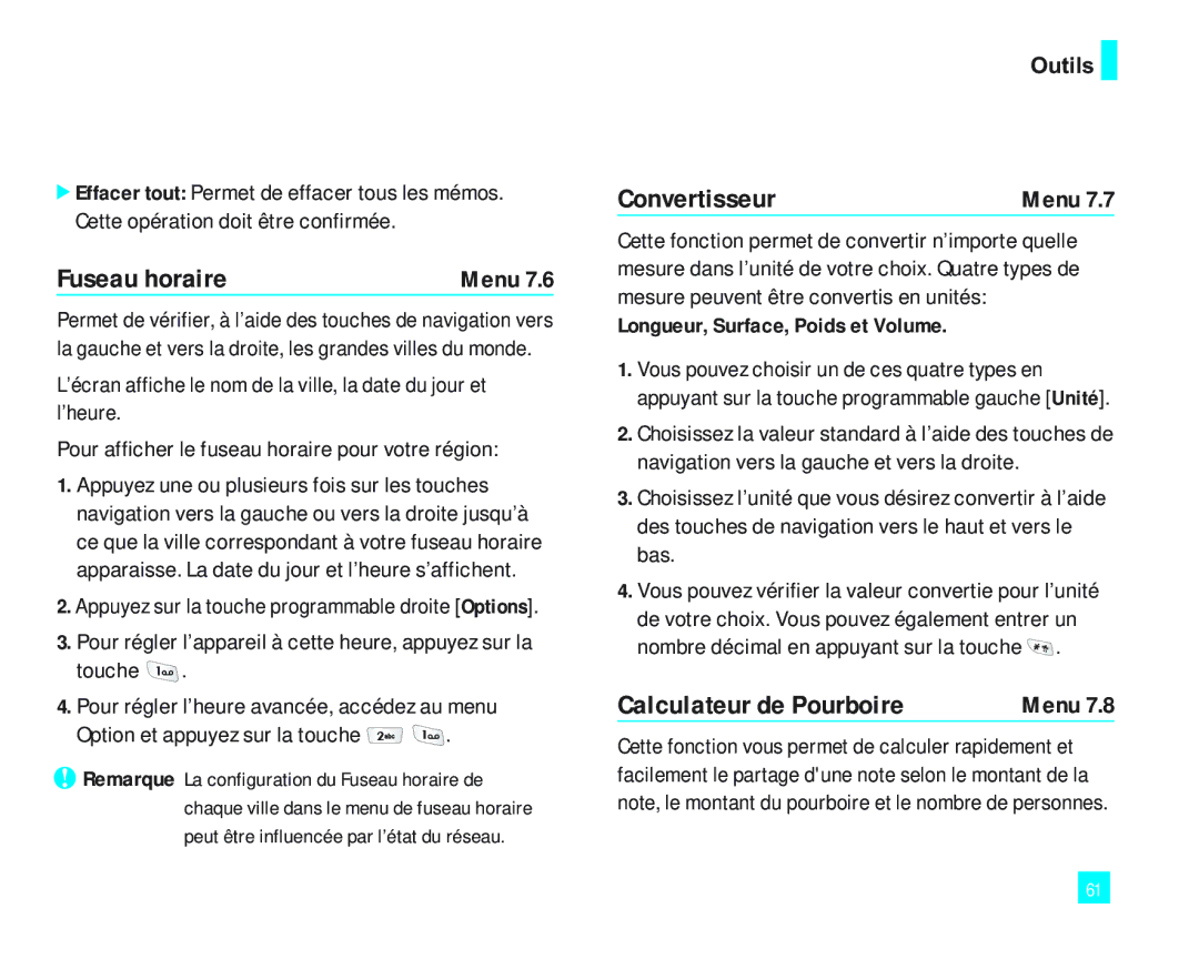 LG Electronics 2000 manual Fuseau horaire, Convertisseur, Calculateur de Pourboire, Longueur, Surface, Poids et Volume 