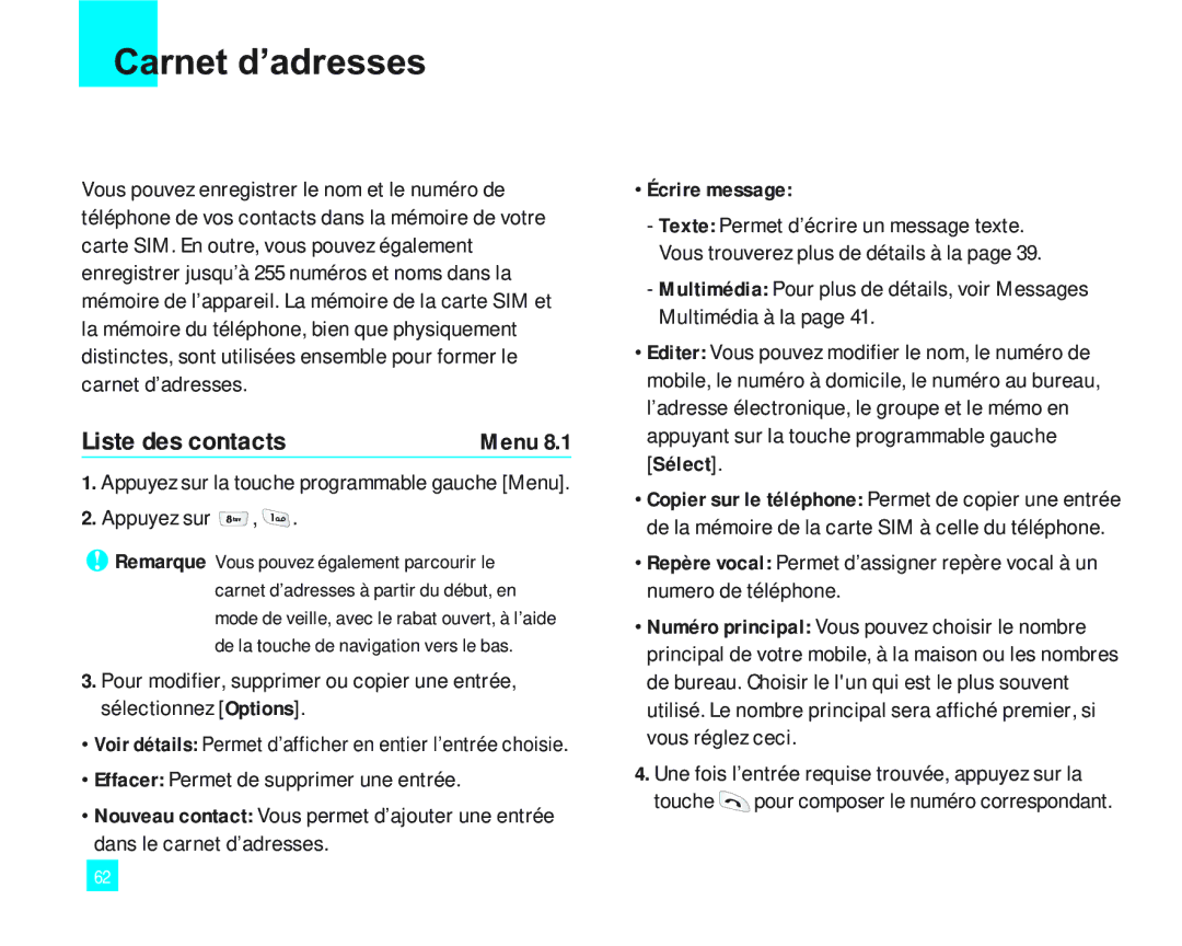 LG Electronics 2000 manual Liste des contacts, Appuyez sur, Écrire message 