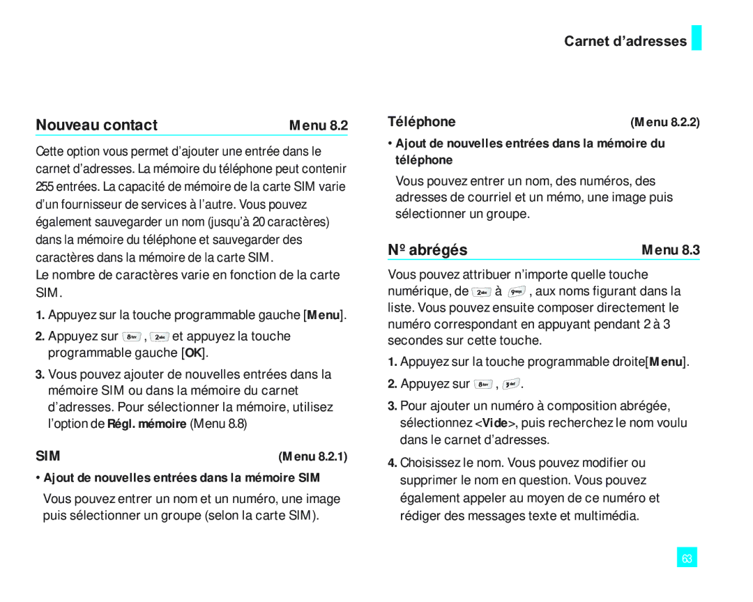 LG Electronics 2000 manual Nouveau contact, Nº abrégés, Téléphone, Carnet d’adresses 