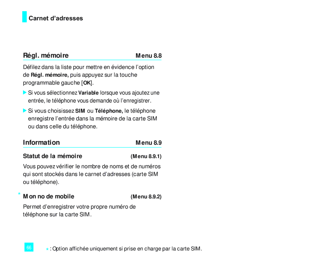 LG Electronics 2000 manual Régl. mémoire, Mon no de mobile 