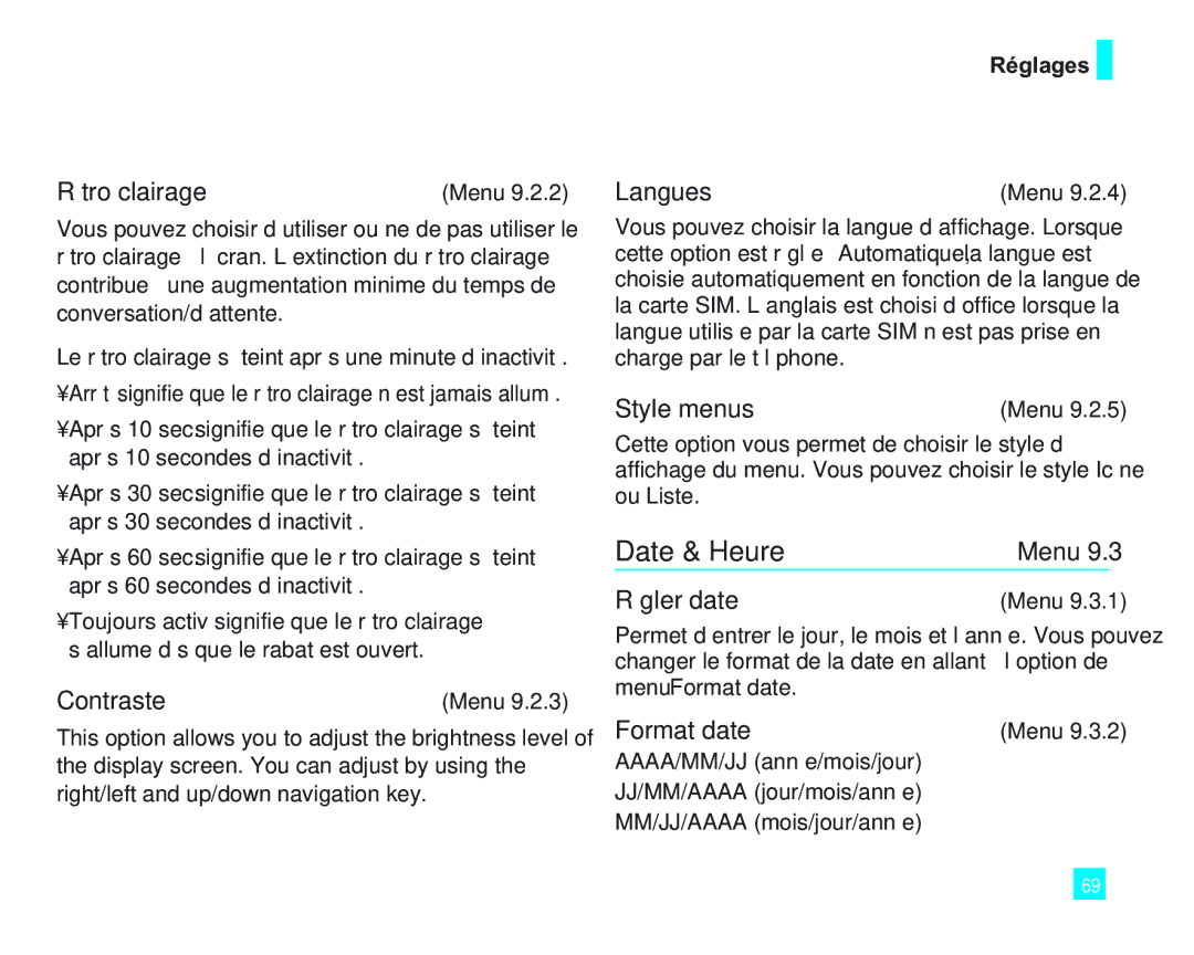 LG Electronics 2000 manual Date & Heure, Contraste, Style menus, Régler date, Format date 