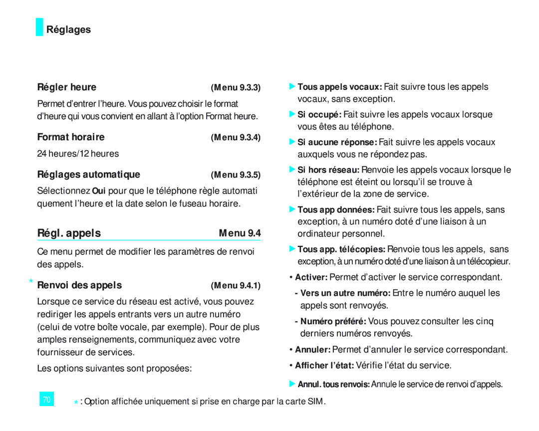 LG Electronics 2000 manual Régl. appels, Régler heure, Format horaire, Réglages automatique, Renvoi des appels 