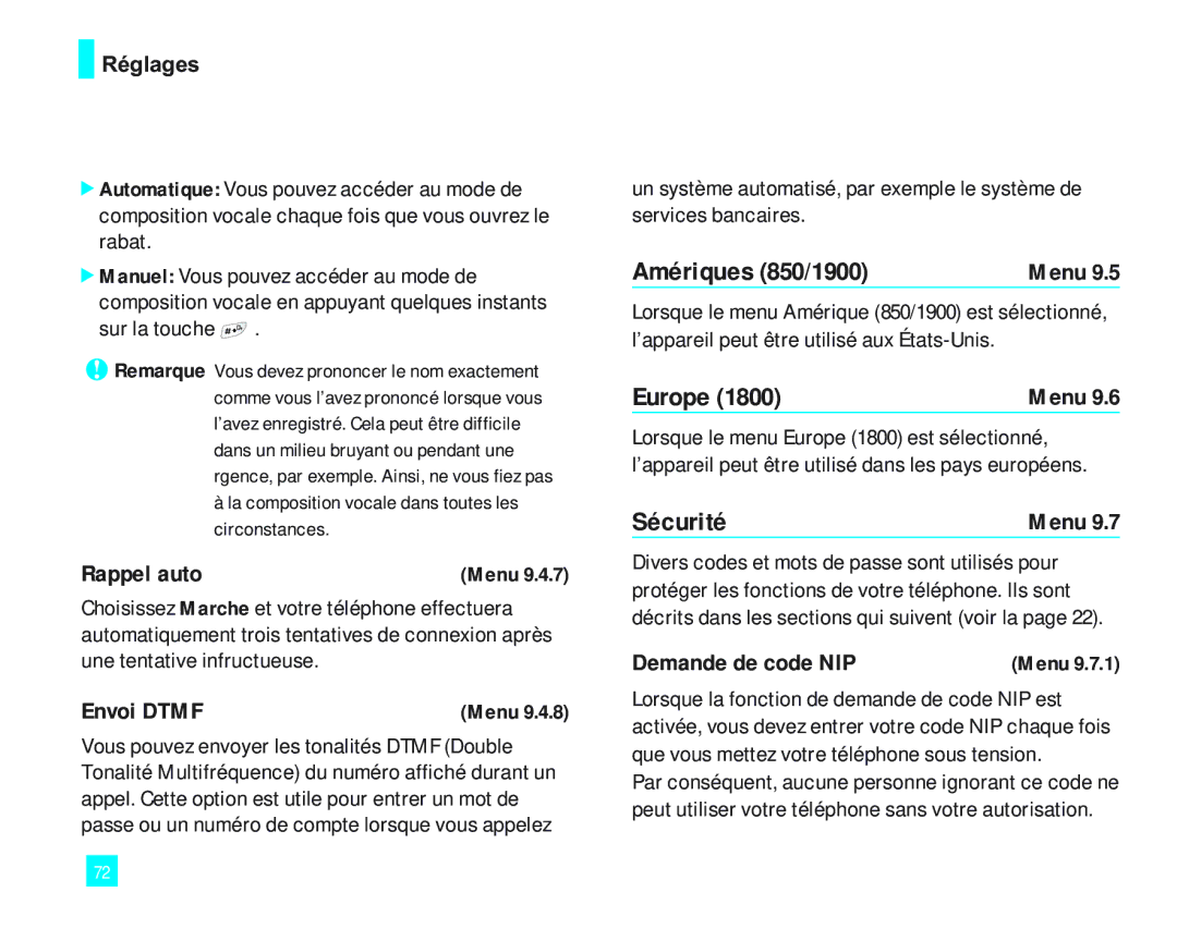 LG Electronics 2000 manual Amériques 850/1900, Sécurité, Rappel auto, Envoi Dtmf, Demande de code NIP 