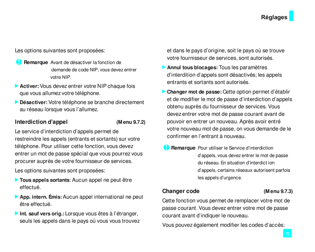 LG Electronics 2000 manual Interdiction d’appel, Changer code, Tous appels sortants Aucun appel ne peut être effectué 