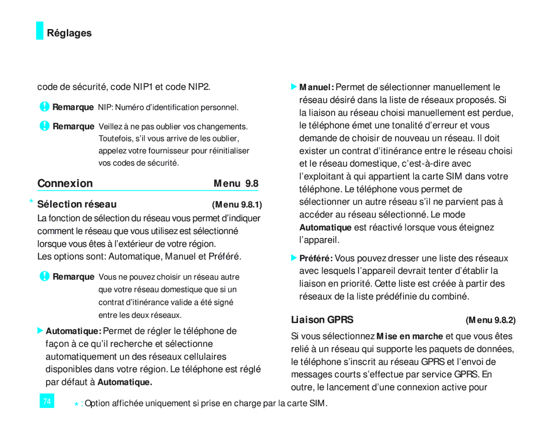 LG Electronics 2000 manual Connexion, Sélection réseau, Liaison Gprs, Code de sécurité, code NIP1 et code NIP2 