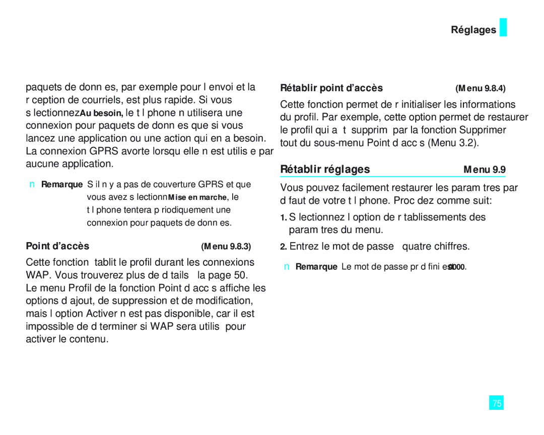 LG Electronics 2000 manual Rétablir réglages, Point d’accès, Rétablir point d’accès 