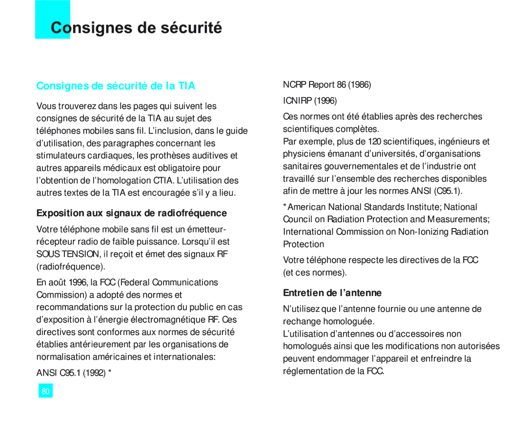 LG Electronics 2000 manual Consignes de sécurité, Exposition aux signaux de radiofréquence, Entretien de l’antenne 