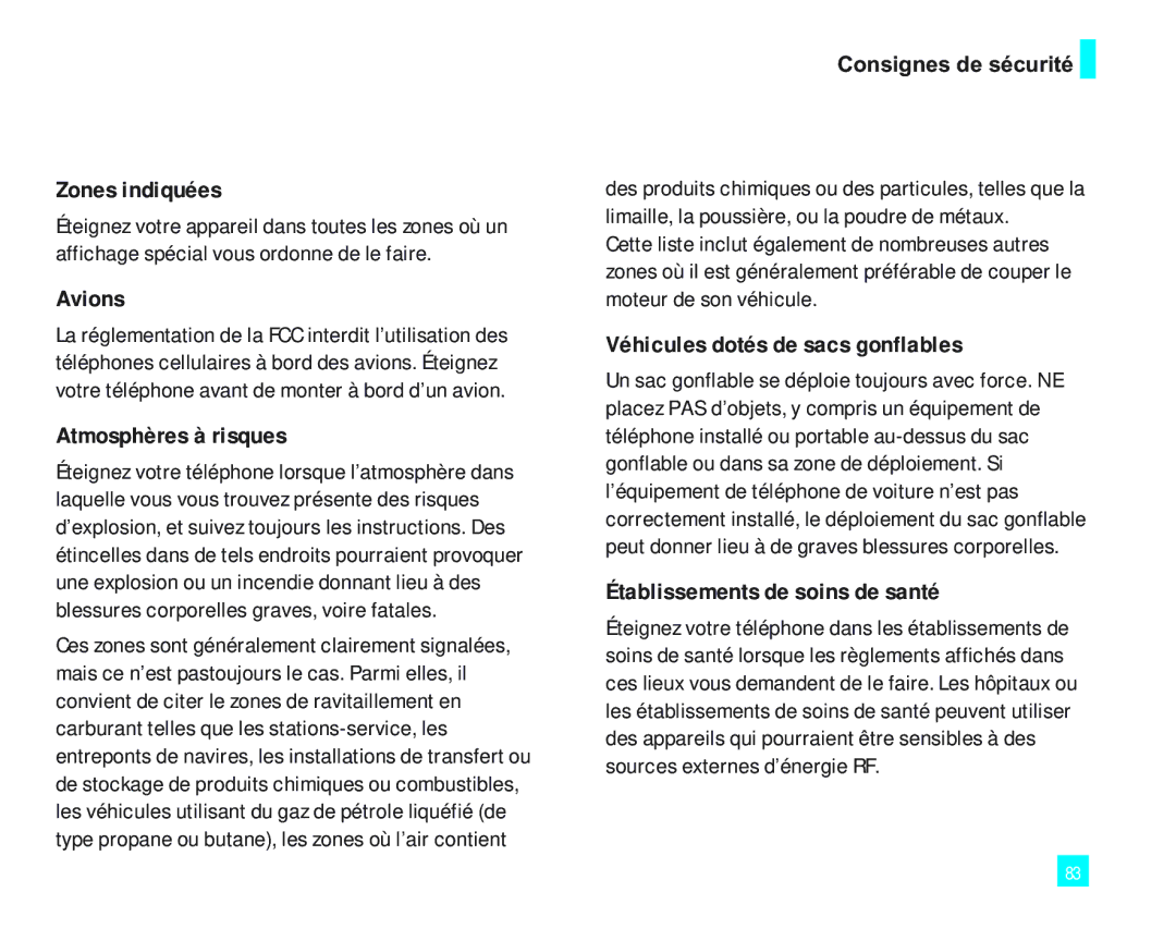 LG Electronics 2000 manual Zones indiquées, Avions, Atmosphères à risques, Véhicules dotés de sacs gonflables 