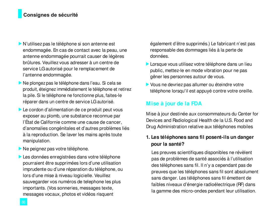 LG Electronics 2000 manual Mise à jour de la FDA, Les téléphones sans fil posent-ils un danger pour la santé? 