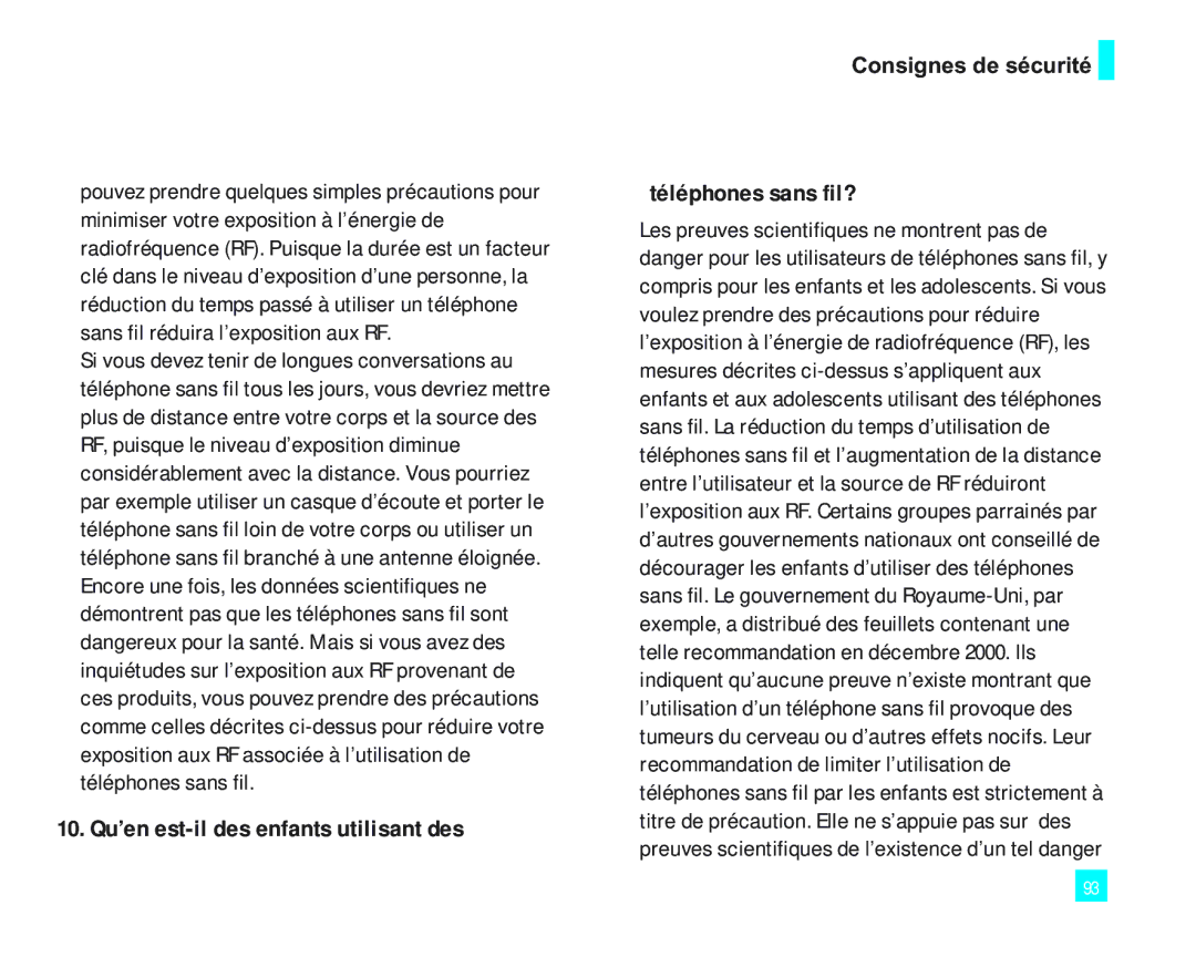 LG Electronics 2000 manual 10. Qu’en est-il des enfants utilisant des, Téléphones sans fil? 