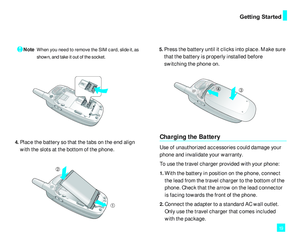 LG Electronics 2000 manual Charging the Battery, Getting Started, That the battery is properly installed before 