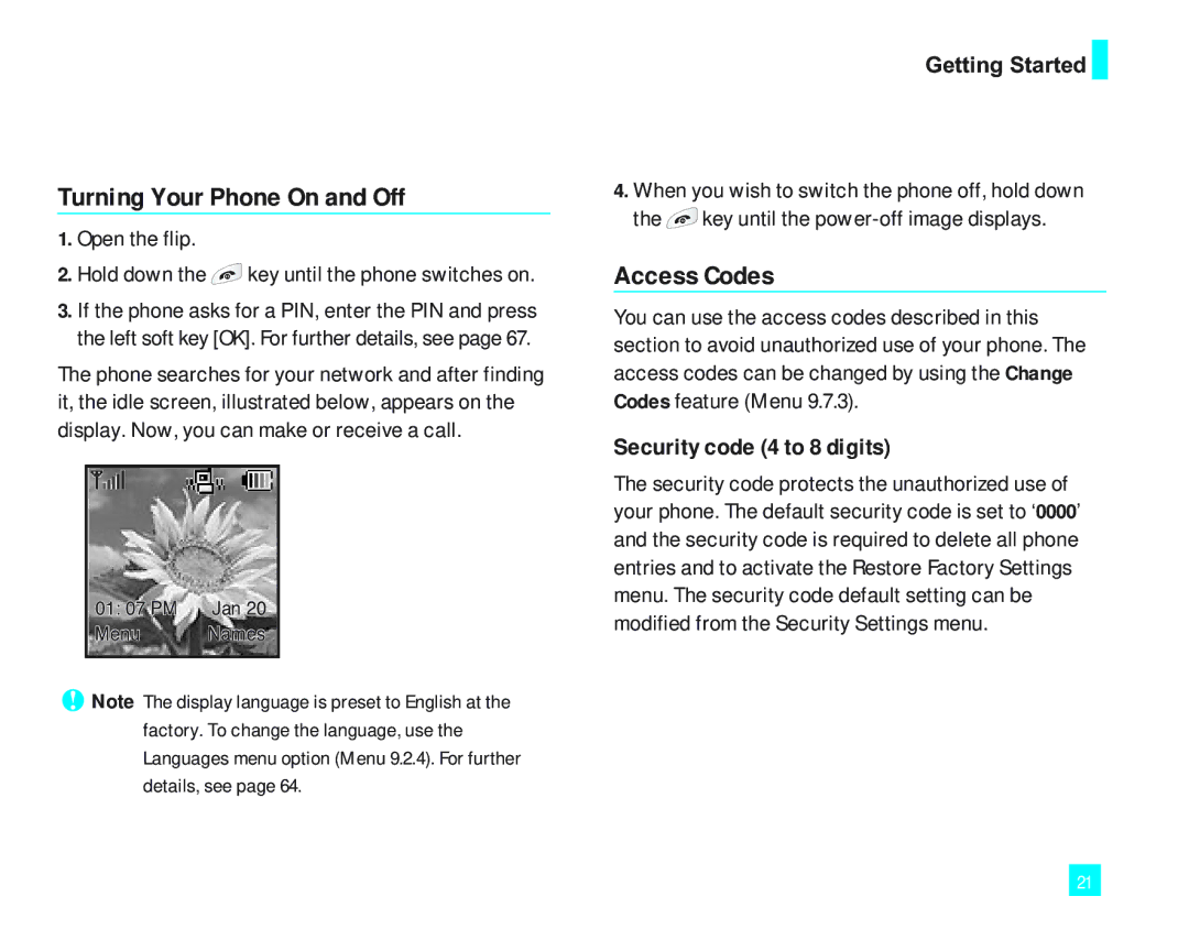 LG Electronics 2000 manual Turning Your Phone On and Off, Access Codes, Security code 4 to 8 digits 