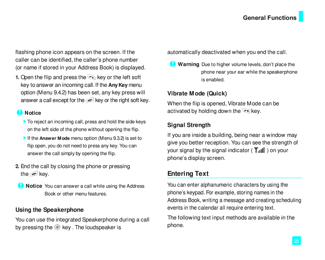 LG Electronics 2000 manual Entering Text, Using the Speakerphone, Vibrate Mode Quick, Signal Strength 