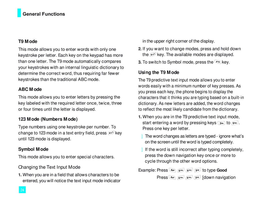 LG Electronics 2000 manual ABC Mode, Mode Numbers Mode, Symbol Mode, Using the T9 Mode 