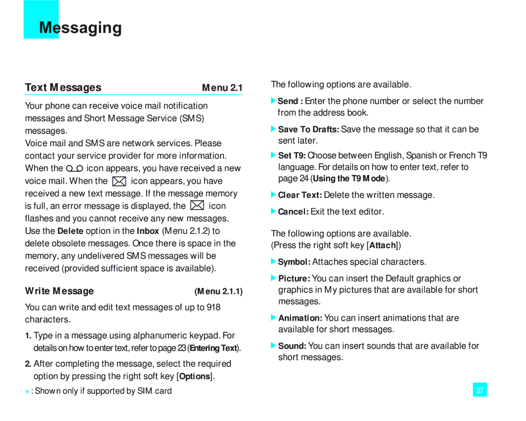 LG Electronics 2000 manual Messaging, Text Messages, Write Message 