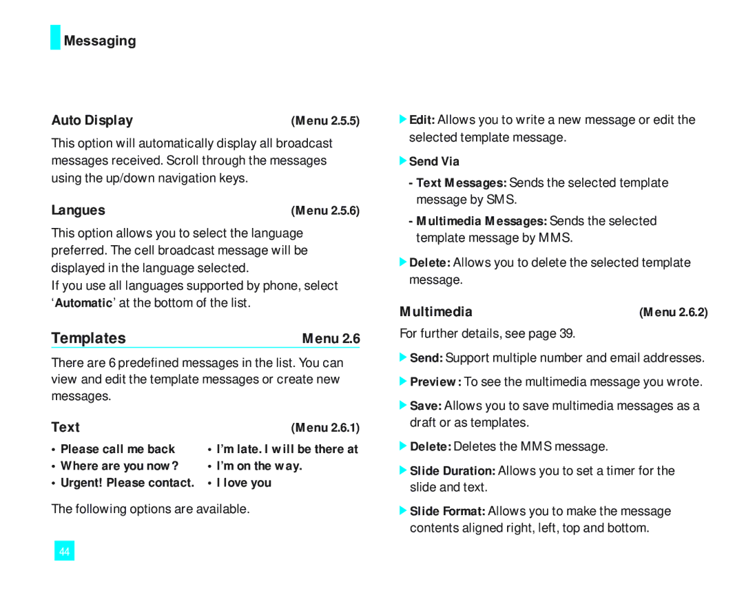 LG Electronics 2000 manual Templates, Auto Display, Langues, Text, Multimedia 