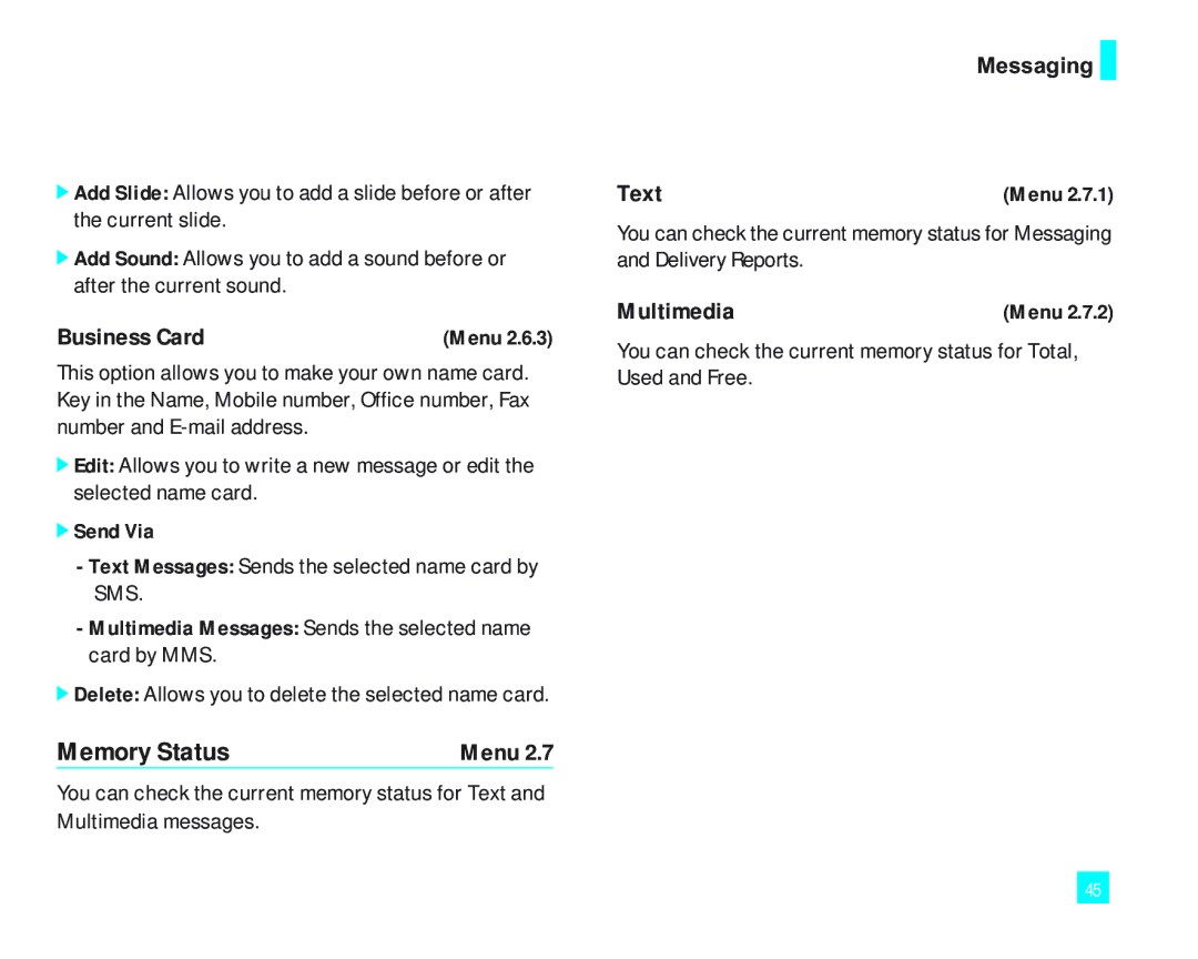 LG Electronics 2000 manual Business Card, Text Messages Sends the selected name card by SMS 