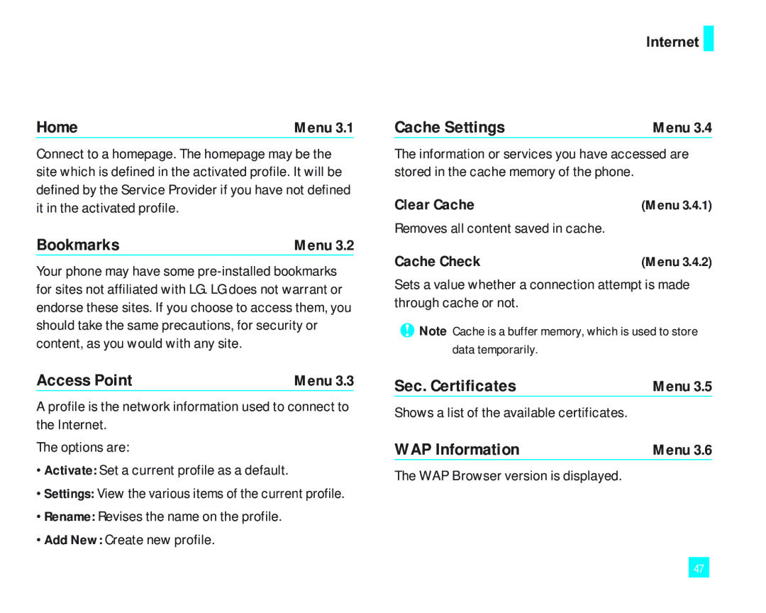 LG Electronics 2000 manual Home, Bookmarks, Access Point, Cache Settings, Sec. Certificates, WAP Information 